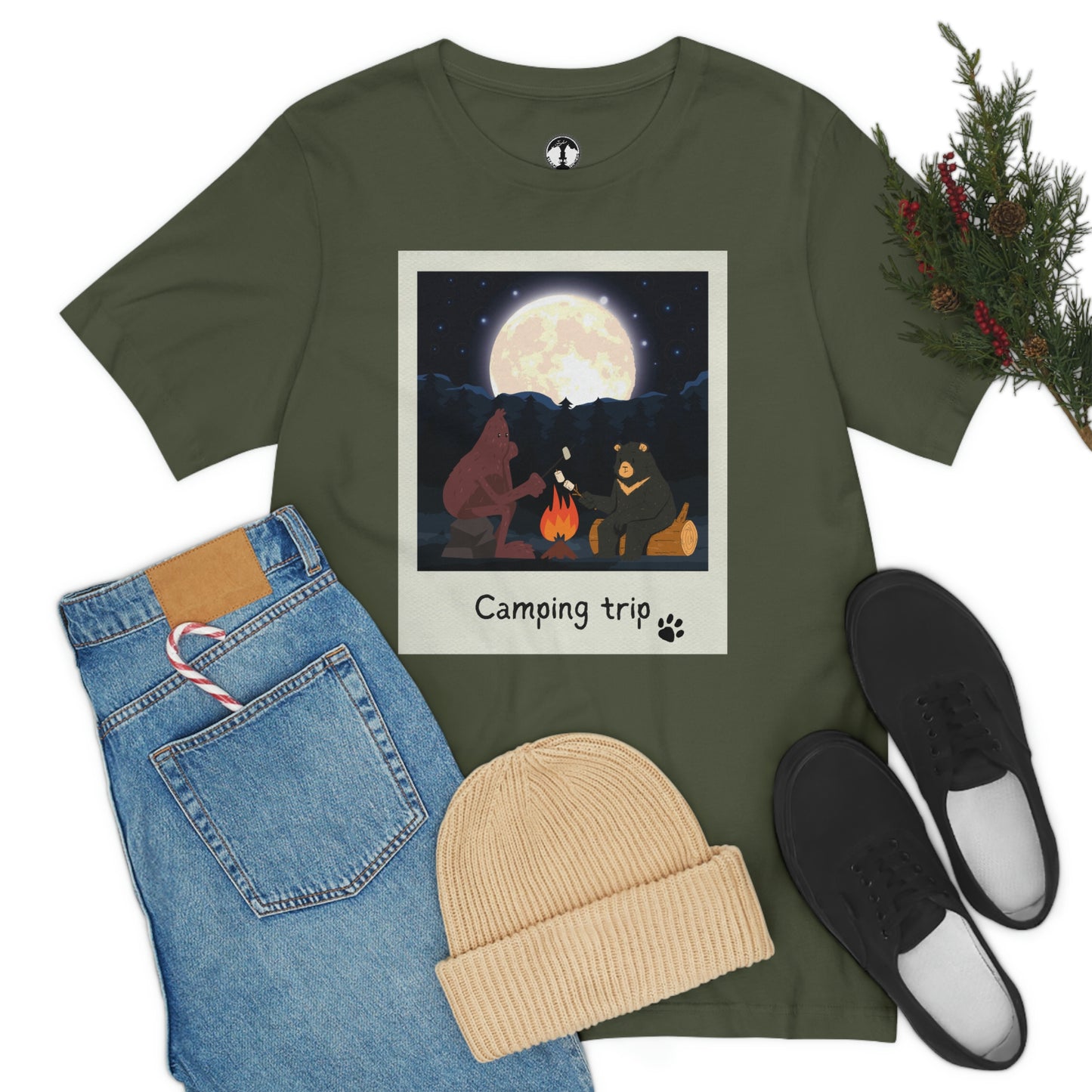 Bigfoot and Bear Cryptid Camping Short Sleeve Tee