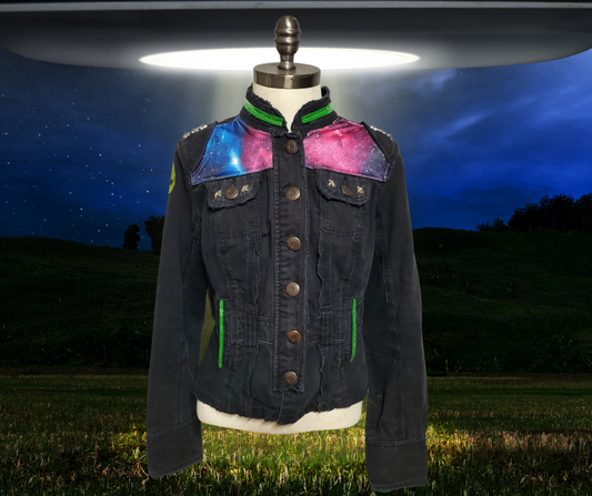 Galactic Punk Jacket Size Juniors XL (upcycled) Feat UFOs and Aliens!