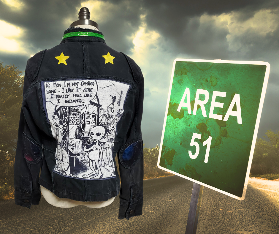 Galactic Punk Jacket Size Juniors XL (upcycled) Feat UFOs and Aliens!