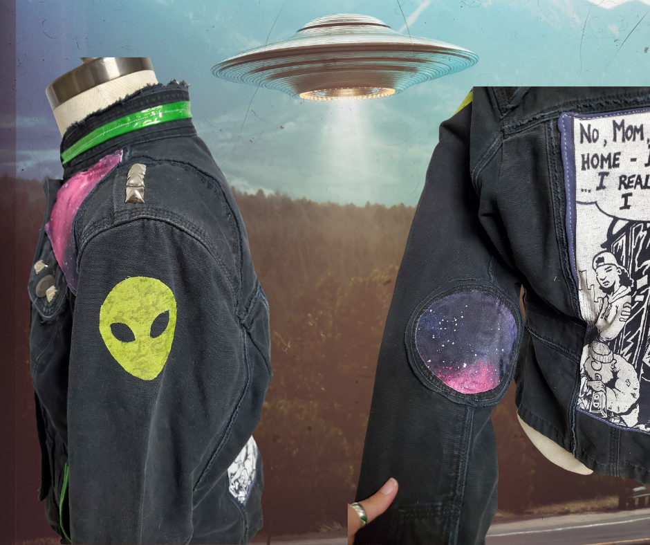 Galactic Punk Jacket Size Juniors XL (upcycled) Feat UFOs and Aliens!