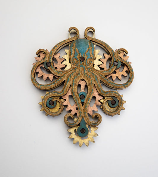 Kinetic Octopus Pendant with Moving Gears. Steampunk inspired. Lord and Lady Towers