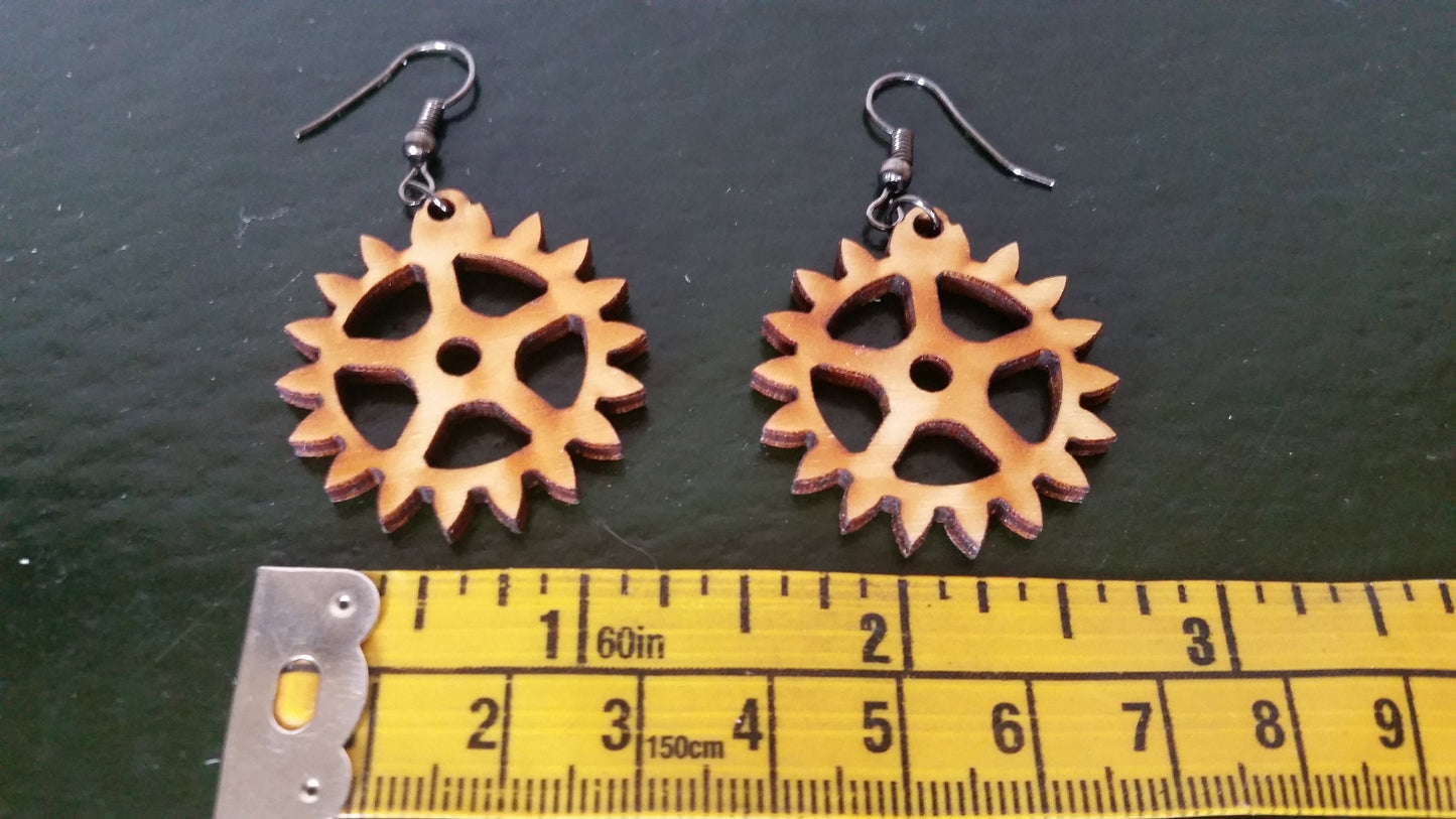 Simple Steampunk Wooden Gear Earrings Lord and Lady Towers