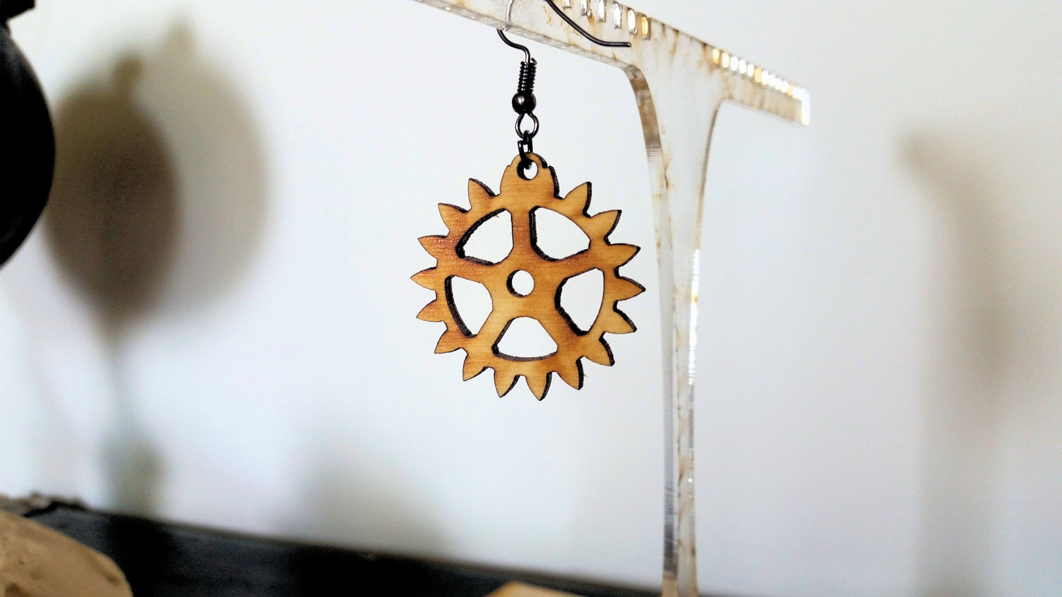 Simple Steampunk Wooden Gear Earrings Lord and Lady Towers