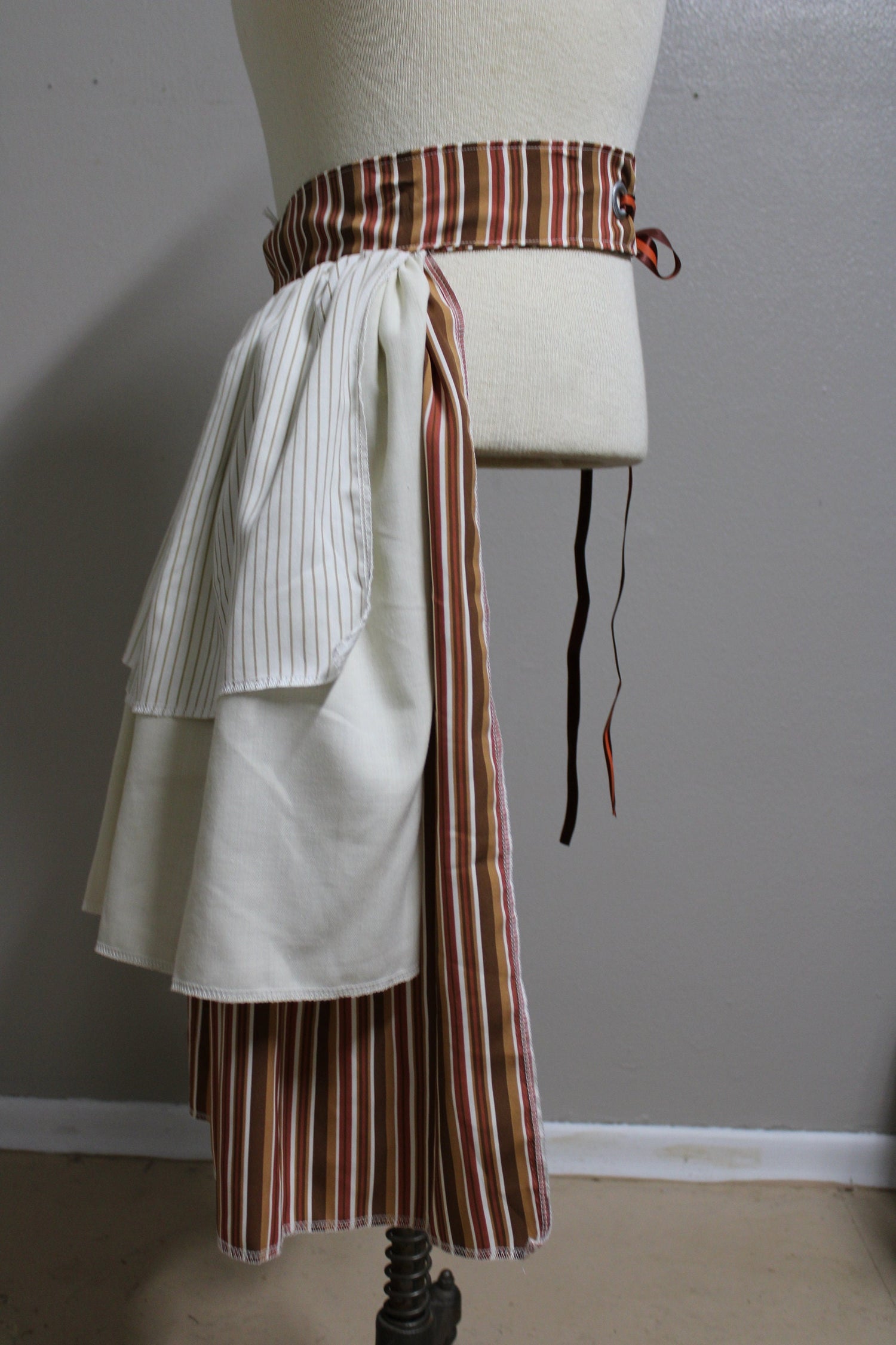 Maiden Striped Steampunk Brown Creme and Copper Bustle Tie Front Skirt Size SM + Lord and Lady Towers
