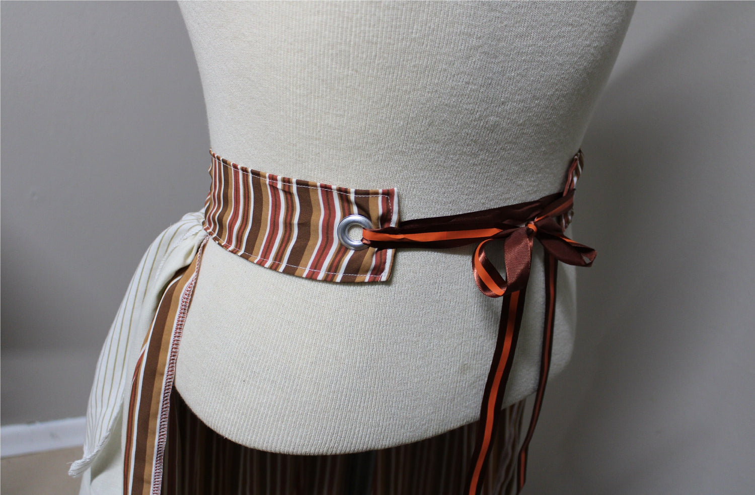 Maiden Striped Steampunk Brown Creme and Copper Bustle Tie Front Skirt Size SM + Lord and Lady Towers
