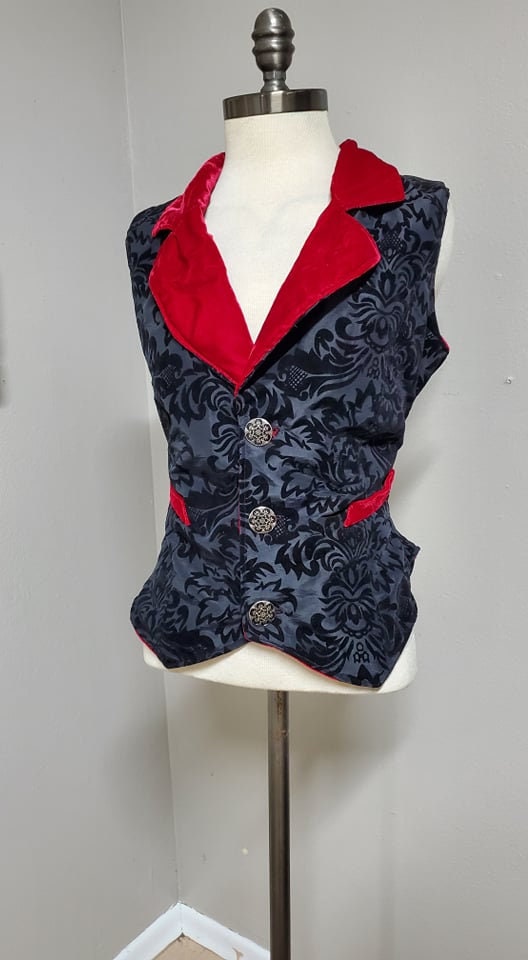 Elegant Gothic Vest with Decadent Burnout Brocade Velvet with Red Velvet Lining Lord and Lady Towers