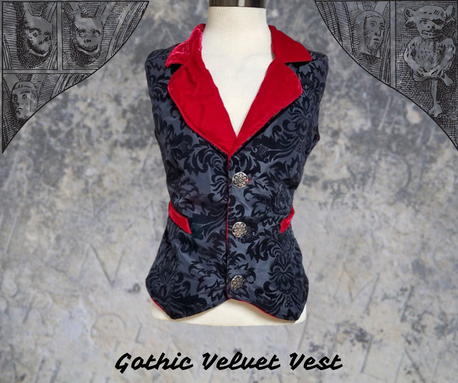 Elegant Gothic Vest with Decadent Burnout Brocade Velvet with Red Velvet Lining Lord and Lady Towers