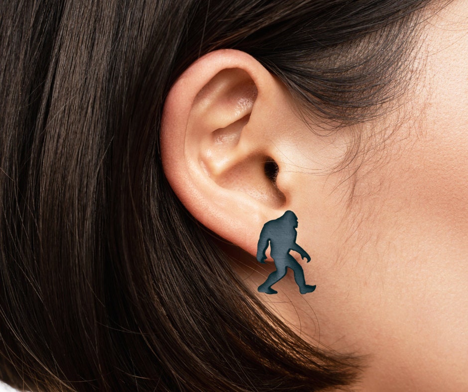 Bigfoot Cryptid Post Stud Earrings Handmade from Pine Wood in Either Plain or Black Lord and Lady Towers